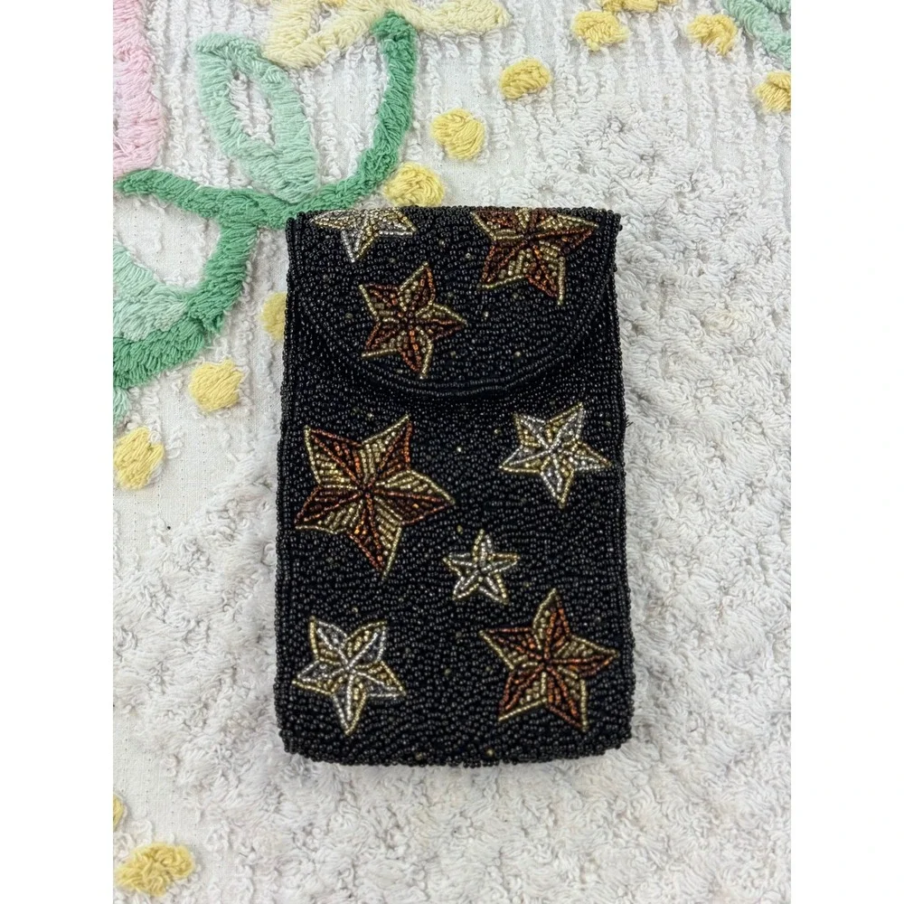 Neiman Marcus Vintage Beaded Star Pouch Black Gold‎ Silver Celestial Phone Case
